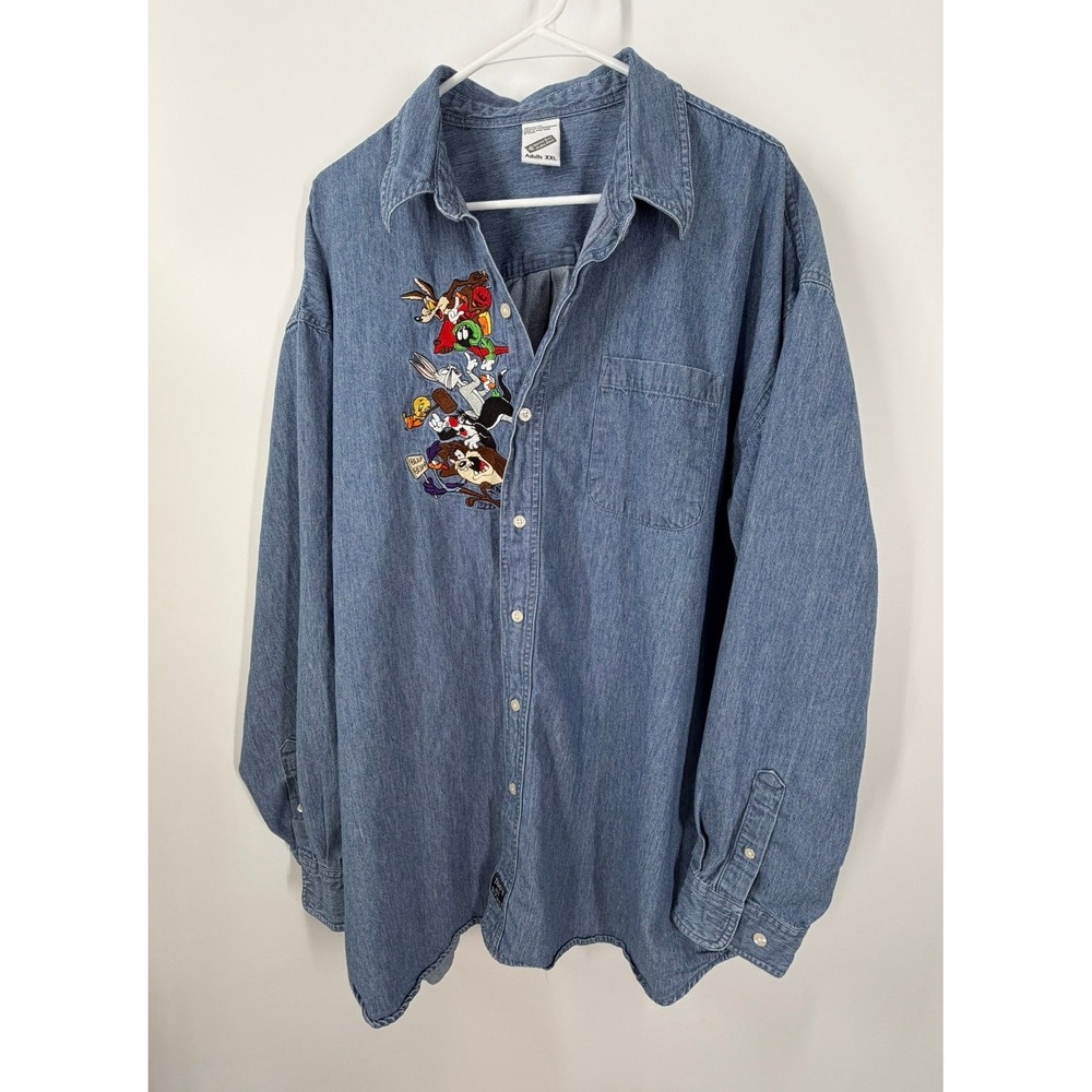Vintage 90s Warner Bros Studio Denim Shirt Embroidered Looney Tunes Size XXL